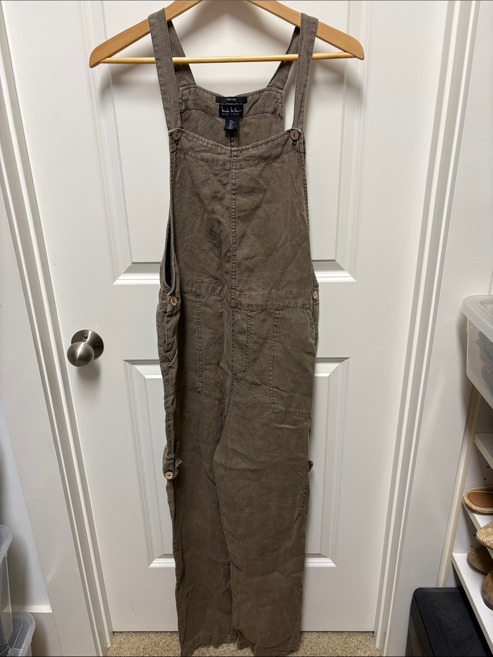Nicole Miller 💯 Linen Washable Cargo Overalls Size L